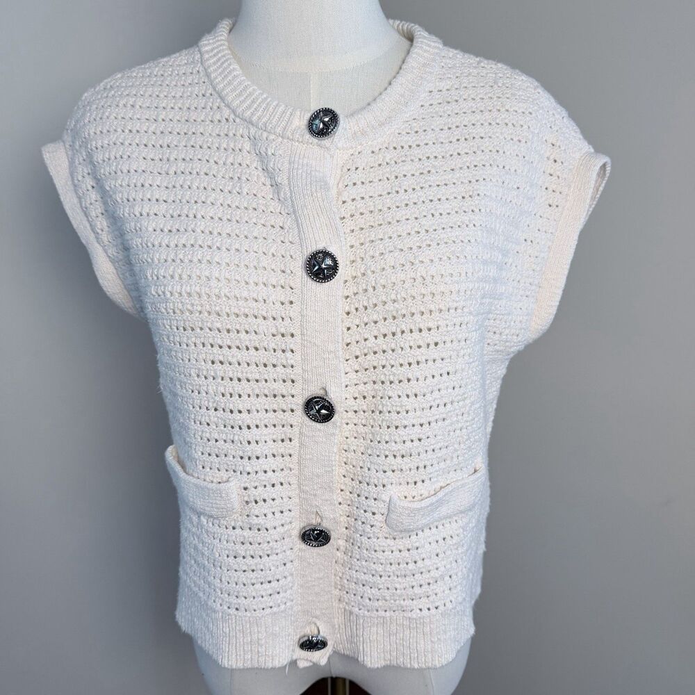 Lucky Brand Ivory Crochet Cardigan XS Star Button Western Boho Cotton Vest - Picture 2 of 15